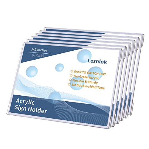 Lesnlok 6 Pack 3" x 5"inch Acrylic Sign Holder Wall Mount Sign Holders Clear Acrylic Frame with 3M Tape Adhesive Clear Poster Frames Plastic Sign Holder （Please remove the protective film before use）