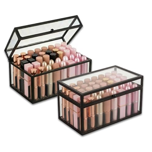 40 Lipsticks Organizer with Lid, Glass Display Box Fits Large Perfume & Skincare, Easy-Access Organiser for Vanity Countertop, Multifunctional Display Box in Any Rooms - color: black