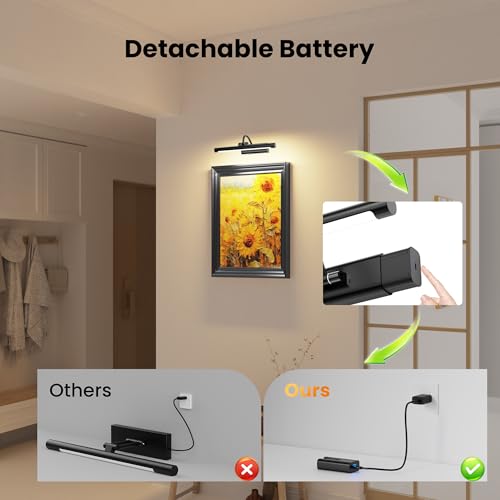 Rechargeable Light for Picture, 13'' 6000mAh Battery Operated Cordless Wall Sconce, Dimmable 3 Color Temps 350LM with Remote Control, for Wall Painting Artwork Gallery Museum Decor - Black - color: Black, size: 13 Inch
