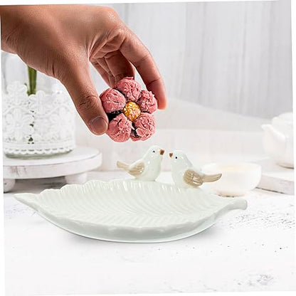Ceramic Jewelry Holder Bird Leaf Shape Trinket Dish for Earrings Rings Bracelets Decorative Relief Jewelry Organizer Tray for Bathroom Vanity Table Storage and Photo Prop