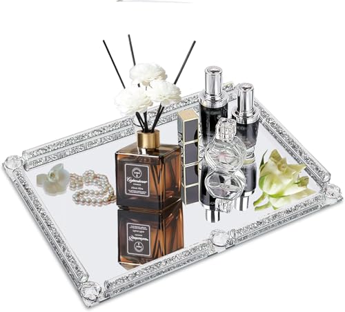 Large Crystal Perfume Tray, 15.7" x 11.8" Silver Glass Mirror Vanity Tray Noble Jewelry Trinket Display Tray for Desser Crushed Diamond Home Decor Cosmetics Makeup Organizer Serving Trays for Party - color: Big Silver