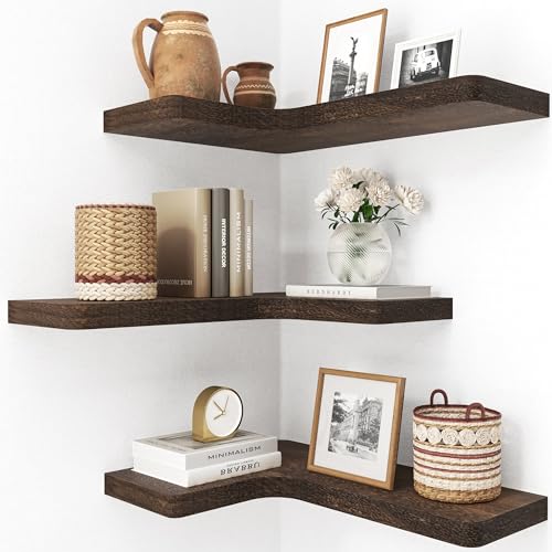 fuqing Floating Corner Shelves, Wall Shelf Set of 3, Shelves for Wall Storage, Solid Wood Shelves for Storage, Wall Mount Wooden Display Shelf for Bathroom Bedroom Kitchen Garage, Rustic Brown - color: Invisible Bracket, Rustic Brown