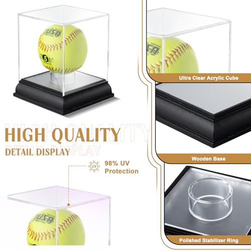Softball Display Case with Led Light, UV Protected Cube with Wood Base Stand, Clear Acrylic Softball Holder for Single Autograph Ball - size: Single Softball Box LED