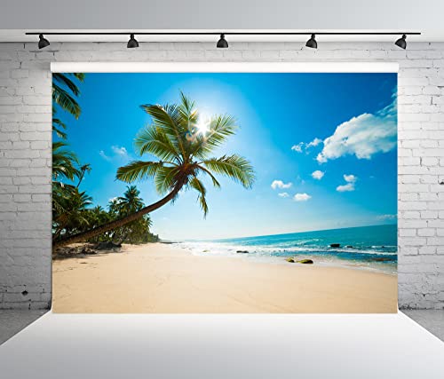 BELECO 15x10ft Fabric Tropical Beach Backdrop Tropical Sand Beach with Palm Trees Ocean Summer Hawaii Phtography Backdrop for Luau Party Decoration Birthday Banner Photoshoot Photo Background Props - size: 15x10FT