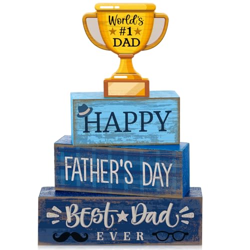 Yuntau 4 Pcs Father's Day Decorations Happy Father's Wooden Tabletop Tiered Tray Decor Rustic Best Dad Ever Trophy Block Table Sign Centerpiece for Farmhouse Shelf Office Birthday Party Gift - style: Father's Day