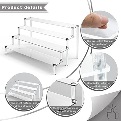 KALYLOC 2Pcs Acrylic Riser Shelf Display Stand, 4 Tier Clear Display Shelf Action Figures Holder, Collectibles Shelf for Toys Cupcakes Dessert Jewels Figurines(15.7x10.5x7.5inch)
