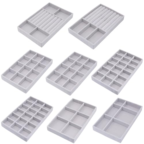 Jewelry Storage 8PACK, Velvet Jewelry Organizer Trays, 4PCS Stackable Jewelry Tray for Drawers, Grey Organizer for Rings, Earrings, Necklaces, Watches, Bracelets, Brooches - color: Grey, size: 8 Pcs