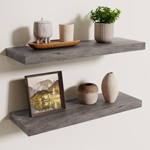 Axeman Floating Shelves for Wall, 24''W x 8'' D Rustic Solid Elm Wood Shelves for Storage, Wall Mounted Display Shelving with Invisible Heavy-Duty Metal Bracket (Grey, 2PCs) - color: Grey With Flat Edge, size: 24 inches - 2P