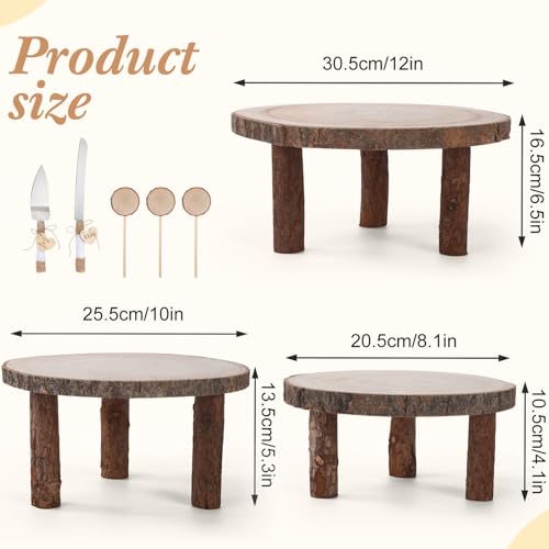 Jetec 11 Pcs Wood Cake Stand Rectangular Round Rustic Wedding Cake Holder Tray with Wooden Slice Toppers and Cutter for Wedding Reception Party Event
