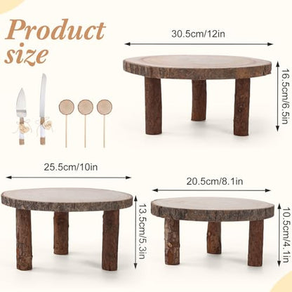 Jetec 11 Pcs Wood Cake Stand Rectangular Round Rustic Wedding Cake Holder Tray with Wooden Slice Toppers and Cutter for Wedding Reception Party Event