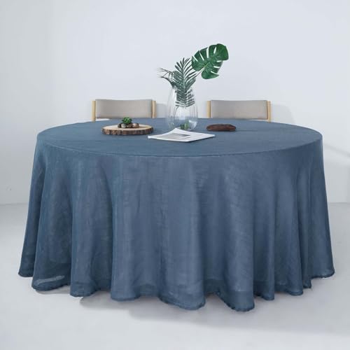 Efavormart 120" Blue Premium Faux Linen Round Tablecloth | Textured Wrinkle Free Tablecloth - color: Blue, size: 120" (Round)