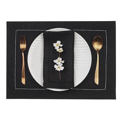 D'Moksha Homes Linen Placemats Set of 4 - Classic Hemstitch Black Placemats 14 x 19 Inch - 100% Pure Linen Table Mats for Spring - Handcrafted and Machine Washable - color: 04 - Black