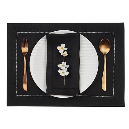 D'Moksha Homes Linen Placemats Set of 4 - Classic Hemstitch Black Placemats 14 x 19 Inch - 100% Pure Linen Table Mats for Spring - Handcrafted and Machine Washable - color: 04 - Black