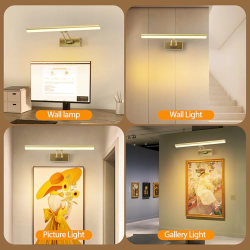 Picture Light, 16inches Battery Operated Art Light,3 Colors Wireless Picture Wall Light with Remote,Rechargeable Picture Light for Painting,Gallery,Artwork,Portrait(Brass Gold) - color: Brass Plating