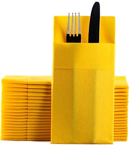 Moyes Home Yellow Disposable Dinner Napkins with Pocket - Linen-Feel Pre-Folded Cloth-Like Paper Napkins for Silverware, Weddings, Dinner Parties, 16x16 in, Pack of 50 - color: Yellow