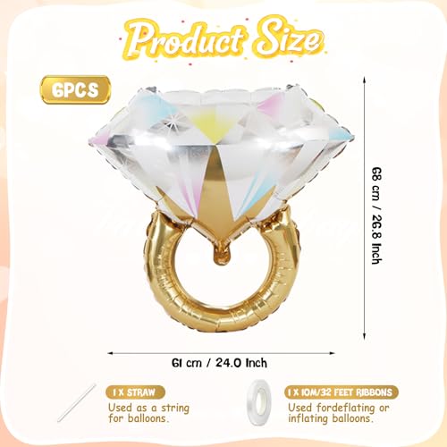 6 Pcs Diamond Ring Balloons Foil, Large Engagement Ring Balloon Marriage Wedding Foil Balloons for Engagement Bridal Shower Just Engaged Bachelorette Anniversary Party Decorations Supplies - style: Diamond