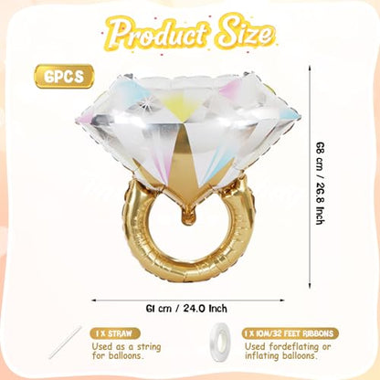 6 Pcs Diamond Ring Balloons Foil, Large Engagement Ring Balloon Marriage Wedding Foil Balloons for Engagement Bridal Shower Just Engaged Bachelorette Anniversary Party Decorations Supplies - style: Diamond