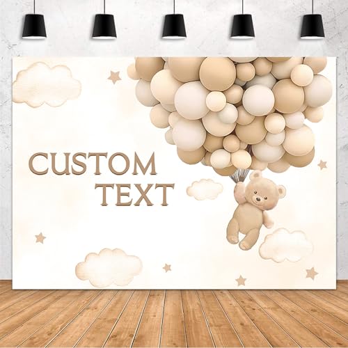 MEHOFOND Custom Bear Baby Shower Backdrop We Can Bearly Wait Baby Shower Party Decorations for Boy Hot Airs Balloons Watercolors Clouds Stars Photography Background Newborn Photo Props (Brown) 8x6ft - color: Custom-Brown, size: 8x6ft