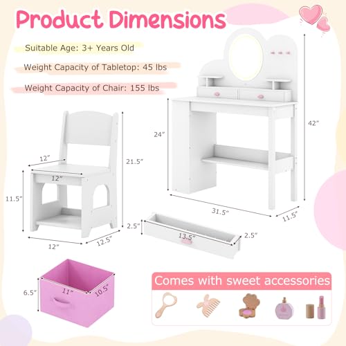 Costzon Kids Vanity, Girls Vanity Set with Lighted Mirror, Bookshelf, Drawers, Hooks & Storage Shelves, Toddler Makeup Vanity Desk Dressing Table, Wooden Kids Vanity Table and Chair Set (White) - style: White with Bookshelf