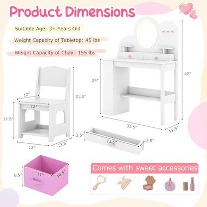 Costzon Kids Vanity, Girls Vanity Set with Lighted Mirror, Bookshelf, Drawers, Hooks & Storage Shelves, Toddler Makeup Vanity Desk Dressing Table, Wooden Kids Vanity Table and Chair Set (White) - style: White with Bookshelf