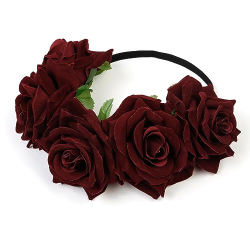 WOVOWOVO Dark Rose Flower Crown Floral Headbands for Women Red Fake Roses Headband for Festival Halloween Cosplay Costume Party Garland Wreath Hair Accessories - color: Burgundy