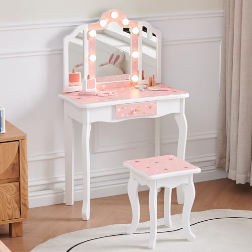 Nromant Kids Vanity Set, Princess Toddler Makeup Vanity with Mirror and 3-Color LED Lighted, Wooden Kids Vanity Table and Chair Set with Drawer for Little Girls - color: Pink With Lighted