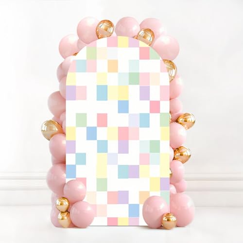 7.2FT Wedding Arch Backdrop Cover Checkered Seamless Squares Cute Pastel Green Yellow Checkers Spandex Fitted Fabric Round Top Stretchy Stand Covers for Baby Shower Birthday Party Decoration - color: Color9, size: 7.2x4 FT