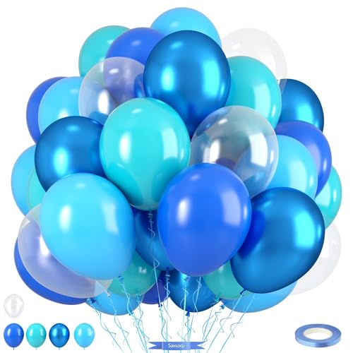Ocean Balloons, 12 Inch Dark Light Blue Teal Clear Pearl Transparent Metallic Latex Balloons for Boys Girls Ocean Themed Party Decorations Sea Theme Pool Party Baby Shower Beach Backdrop Supplies - color: Metallic Blue Teal