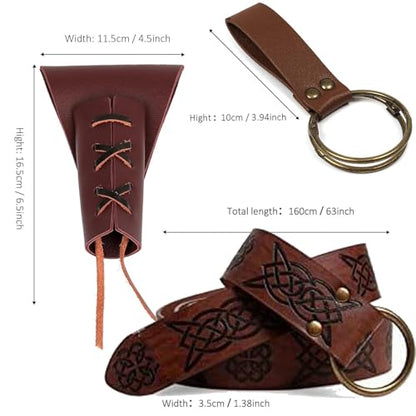 4PCS Medieval Leather Sword Frog Dagger Holder Belt Rapier Scabbard Viking Knight Renaissance Belt Pouch Halloween Costume - color: Pattern-brown