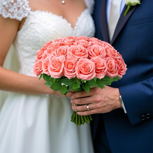 LVEFIT 30pcs Artificial Rose Flower Coral Peach Flower with Long Stem Silk Roses Bouquet for Wedding Bridal Shower Party Home Decoration - color: Coral Peach, size: 30pcs
