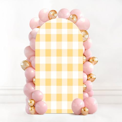 6.6FT Wedding Arch Backdrop Cover Yellow Gingham Fabric Square Checkered Seamless Texture Spandex Fitted Fabric Round Top Stretchy Stand Covers for Baby Shower Birthday Party Decoration - color: Color3, size: 6.6x3.3 FT
