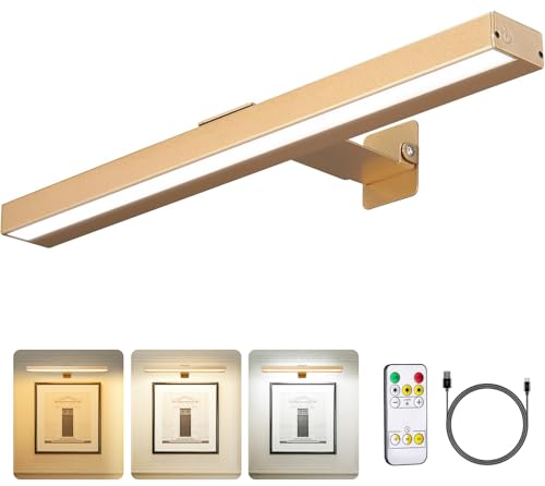 MIOBLUE Wireless Picture Lights with Remote, Recgargeable Battery Painting Light Display Lamp with 3 Lighting Modes, Dimmable Dartboard Light with Timer for Frame Portrait Art, Metal Body - color: light golden, size: 16inch