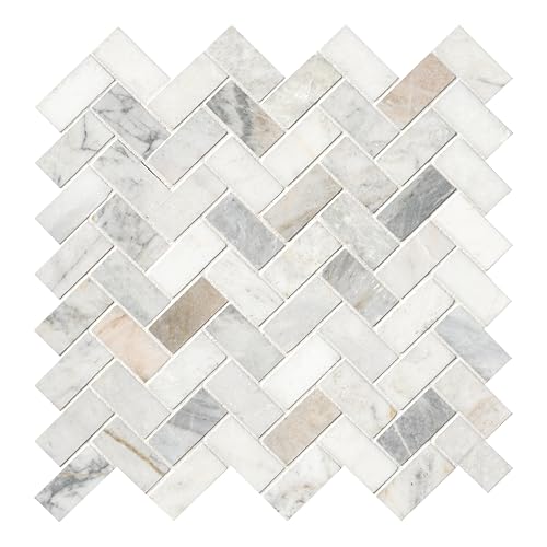 MSI Arabescato Venato White 1 in. x 2 in. Herringbone Honed Marble Mesh Mounted Mosaic Tile for Bathroom, Kitchen Backsplash, Accent Wall Tile, and Shower Wall Tile - color: Arabescato White, size: CASE