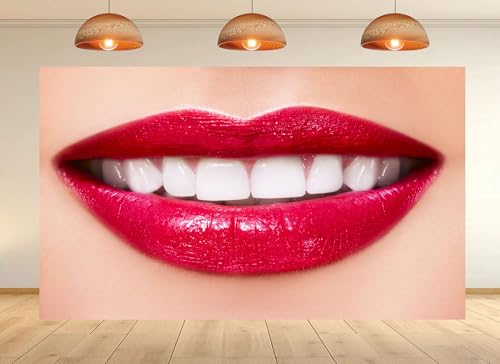 10x7ft Bright Red Lips with White Teeth Backdrop Dental Beauty Close Up Scene Photo Background Tapestry for Cosmetic Dentistry Event Beauty Brand Photography Decorations Studio Props - size: 10X7ft