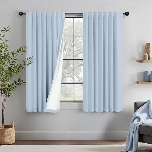 Baby Blue Nursery Blackout Curtains for Nursery 54 Inch Length 2 Panels Kawaii Short Light Blocking Room Darkening Heavy Cotton Linen Textured Black Out Curtain for Kids Bedroom Girls Noise Cancelling - color: Light Blue, size: 52"W x 54"L (Pack of 2)