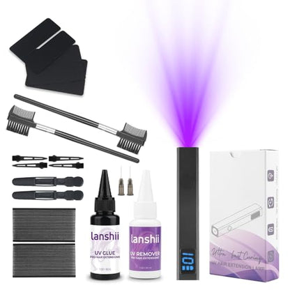 UV Lamp Hair Extension Tool Kit Invisible Hair Extensions UV Lamp 30g UV Hair Glue with 30ml Glue Remover Plastic Eyebrow Comb for UV Hair Set Eyelashes Extensions - color: Black