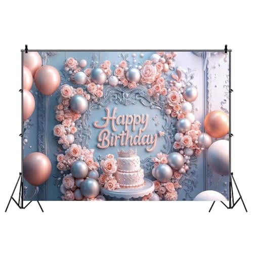 7x5ft Pink Happy Birthday Banner Backdrop Elegant Pink Rose Princess Girls Crown Roses Balloons Cake Background Aesthetic Party Decorations Banner Photo Booth Props Supplies - color: Pink, size: 7x5FT