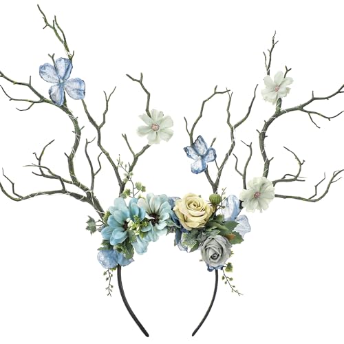 MOSTORY Woodland Deer Antler Headband - Fairy Costume for Woman Branch Crown for Renaissance Halloween Renfaire Cosplay - color: Blue