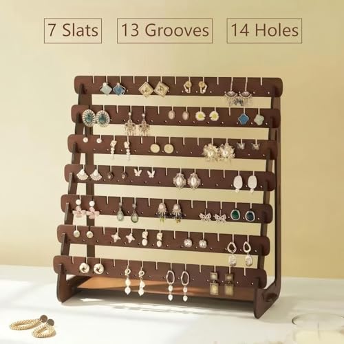Earring Display Stand, 7 Tier Thin Wood Earring Organizer Stand, Earring Holder for Selling for Vendors, Brown