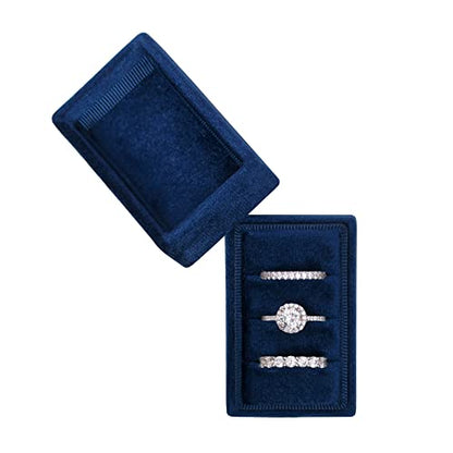 Rectangle 3 Slots Italian Velvet Jewelry Box Engagement Wedding Photo Ring Box Keepsake Box Triple Ring Gift Box (Navy) - color: Navy