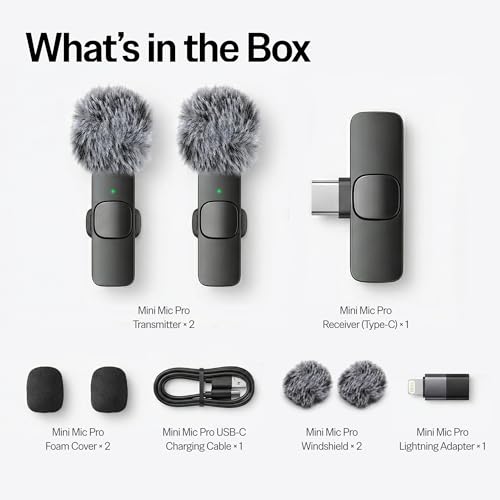Mini Mic Pro (Latest Model) - Wireless Mini Microphone for iPhone, iPad, Android - 2 Pack Lavalier Microphone for Video Recording - iPhone Mic Crystal Clear Recording with USB-C for Content Creators - style: All iPhones & Androids (USB-C + Lightning)
