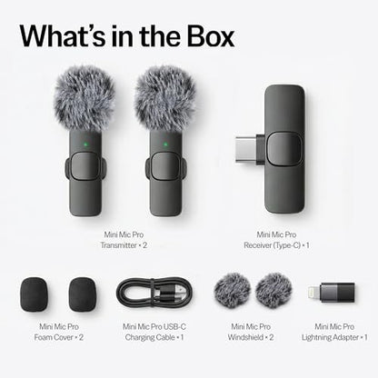 Mini Mic Pro (Latest Model) - Wireless Mini Microphone for iPhone, iPad, Android - 2 Pack Lavalier Microphone for Video Recording - iPhone Mic Crystal Clear Recording with USB-C for Content Creators - style: All iPhones & Androids (USB-C + Lightning)