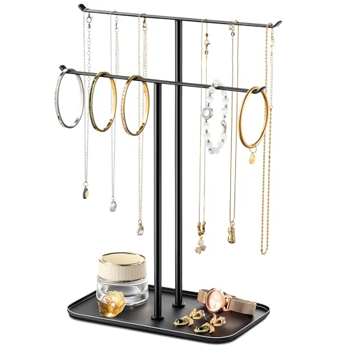pickpiff Necklace Holder Jewelry Organizer Stand – 2‑Tier T‑Bar Jewelry Display Tree with Tray for Countertop Necklace Bracelet Earring Storage, Vanity Dresser Bathroom Sink, Black - color: Black