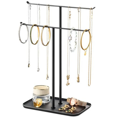 pickpiff Necklace Holder Jewelry Organizer Stand – 2‑Tier T‑Bar Jewelry Display Tree with Tray for Countertop Necklace Bracelet Earring Storage, Vanity Dresser Bathroom Sink, Black - color: Black
