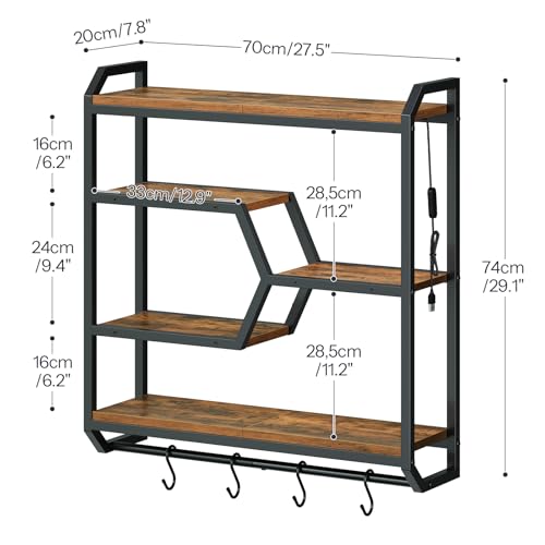 HOOBRO 27.5" Floating Shelf with LED Lights, Gaming LED Wall Mounted Shelf with Hanging Rod & 4 S-Hooks, 4-Tier Hanging Display Rack, for Living Room, Gaming Room, Rustic Brown and Black BF71DBJ01 - color: Rustic Brown + Black