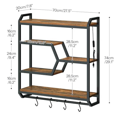 HOOBRO 27.5" Floating Shelf with LED Lights, Gaming LED Wall Mounted Shelf with Hanging Rod & 4 S-Hooks, 4-Tier Hanging Display Rack, for Living Room, Gaming Room, Rustic Brown and Black BF71DBJ01 - color: Rustic Brown + Black