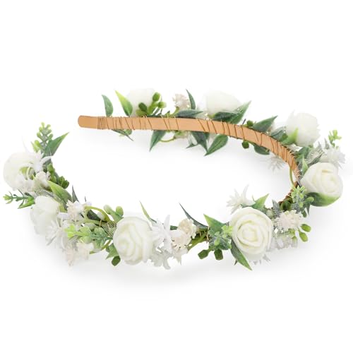 White Flower Crown Hairband - Rose Flower Headband for Women's Wedding, Party, Festival Decoration, Hair Styling Accessory - color: White
