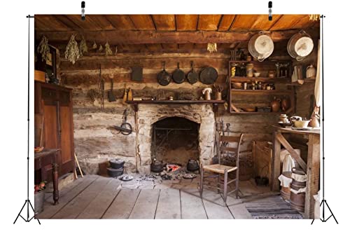 BELECO Rustic Kitchen Backdrop 9x6ft Fabric Western Old Wooden House Kitchen Interior Background Rural Farmhouse Fireplace Cooking Utensils Cooking Background Farmers Cowboys Portrait Photo Props - size: 9x6FT