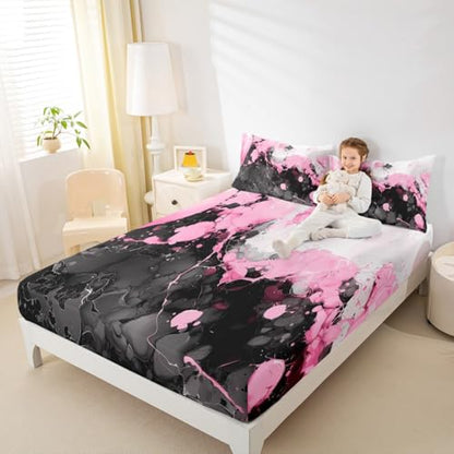 Abstract Art Fitted Sheet Light Pink Twin Bed Sheets | Ombre Marble Texture Ink Fluid Art Gradient Black Marbling Bed Set - color: Light Pink, size: Twin