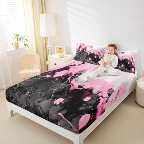 Abstract Art Fitted Sheet Light Pink Bed Sheets | Ombre Marble Texture Ink Fluid Art Gradient Black Marbling Sheets Queen Size Bed Set - color: Light Pink, size: Queen